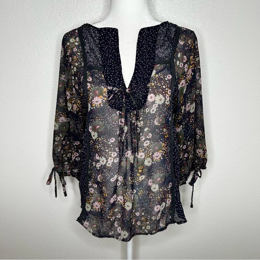ZARA Womens Navy Blue Floral Chiffon Front Tie Top Balloon Sleeve Size XS/ S - Picture 1 of 10